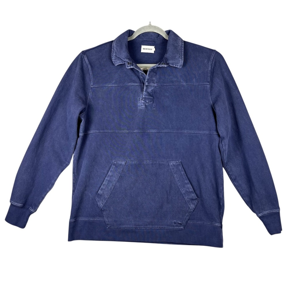 TAYLOR STITCH Distressed Blue Sweatshirt 1/4 Snap Mens 44 (L) Pockets 110%Cotton